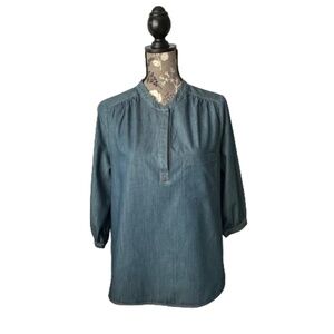 Pleione Women's Small Blue Denim 3/4 Sleeves Pull Over Blouse Tunic Shirt Top
